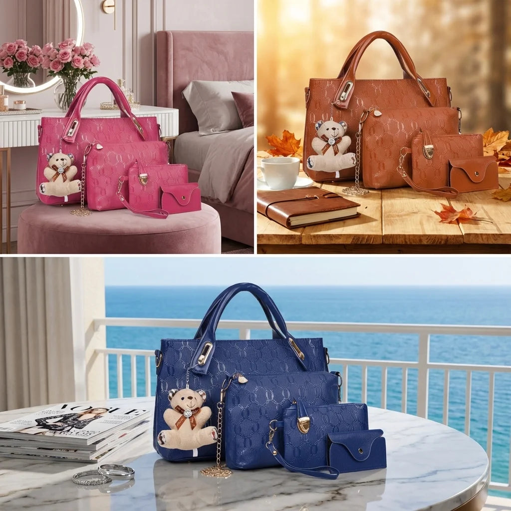 Coffret 4 Sacs Femme PU Gaufré Tote + Croisé + Portefeuille – CLEVI Paris