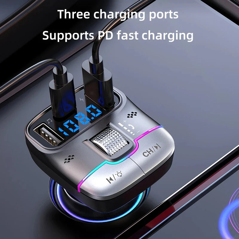 Émetteur FM Voiture Bluetooth 5.4 – Charge Rapide USB 15W + Type-C 25W AUX Lecteur MP3 Lumières Ambiance 12-24V – CLEVI Paris