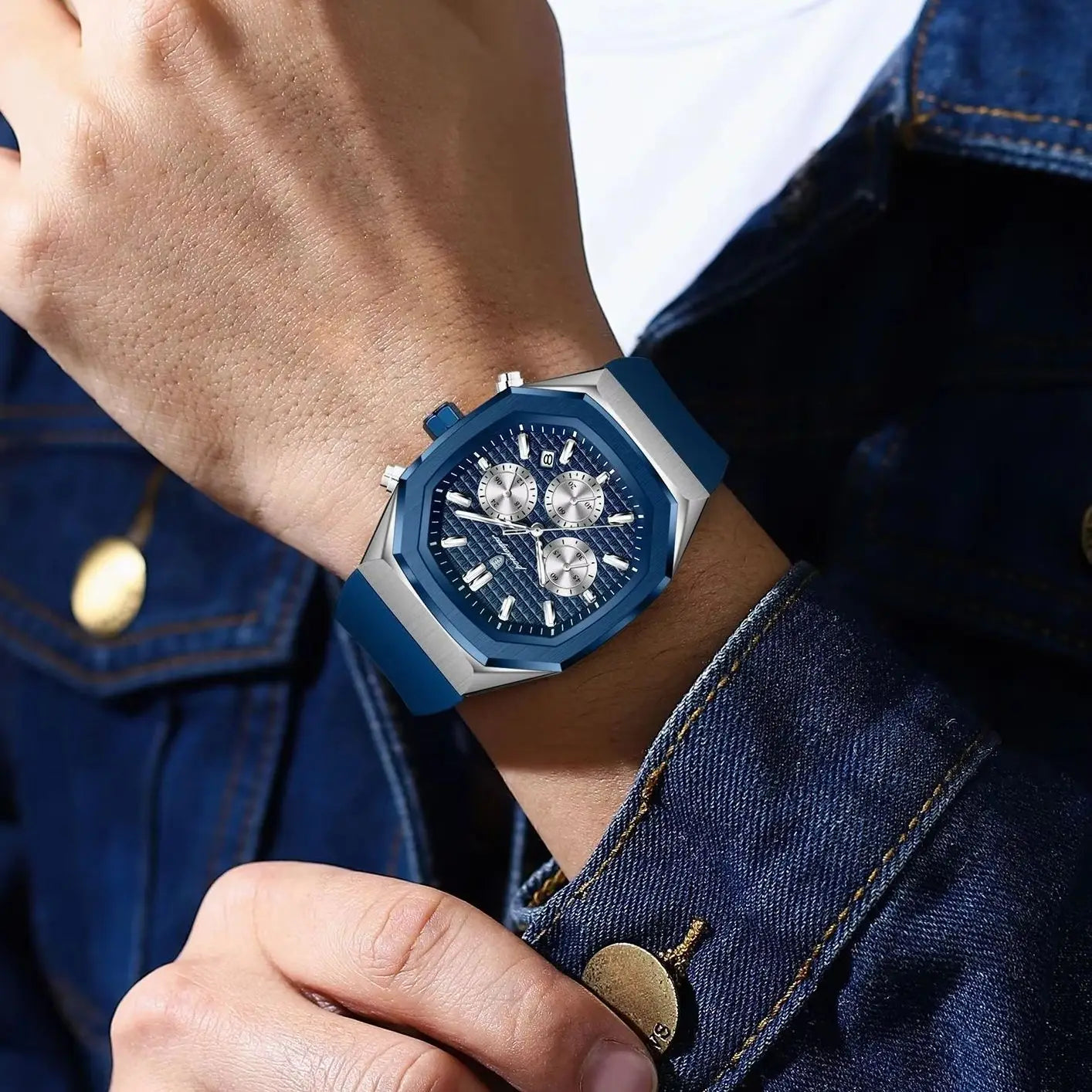 POEDAGAR Montre Quartz Homme Chronographe Carré Silicone Lumineux Date Auto – CLEVI Paris