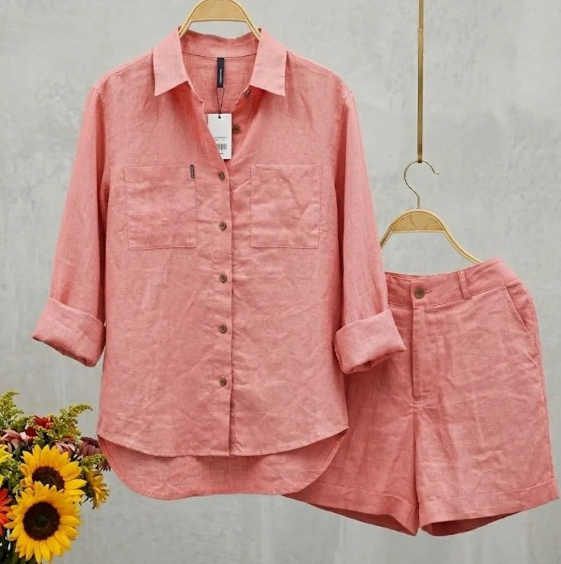 Ensemble 2 Pièces Femme Chemise Manches Longues + Short Coton Lin Casual Homewear – CLEVI Paris