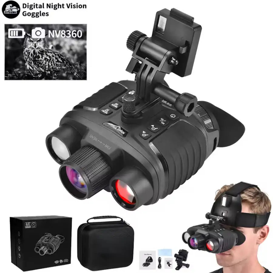 Jumelles Vision Nocturne 4K ZIYOUHU NV8360 – Portée sur Tête, Grossissement 7x, Zoom 8x, Écran 3", Batterie 4500 mAh, Chasse – CLEVI Paris