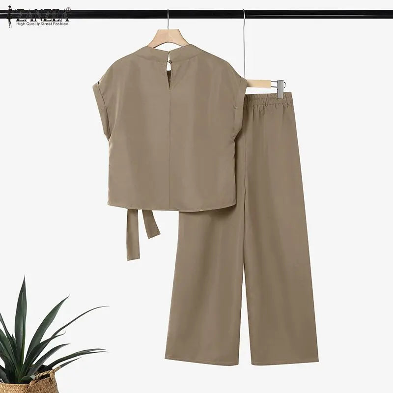Ensemble 2 Pièces Femme Blouse Col Montant Manches Courtes Lacée + Pantalon Large Taille Mi-Haute Cordon Poches Minimaliste Casual Vert Militaire Kaki Gris Foncé – CLEVI Paris