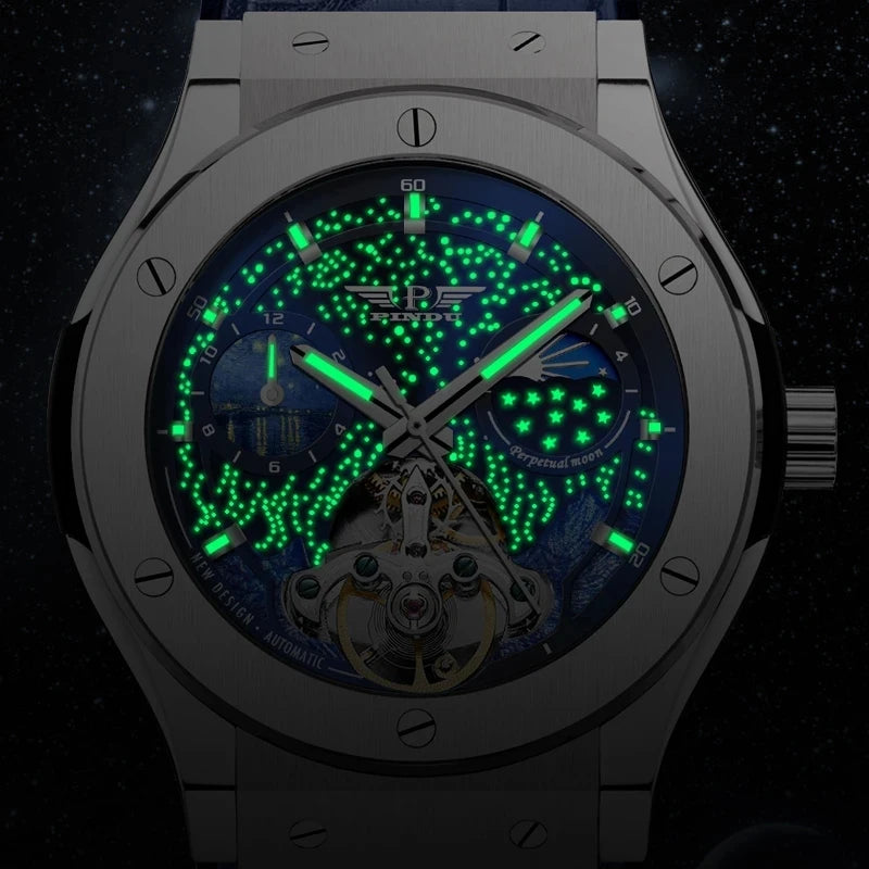 PINDU Montre Automatique Homme Squelette Phase de Lune Saphir Cuir Business 45mm – CLEVI Paris
