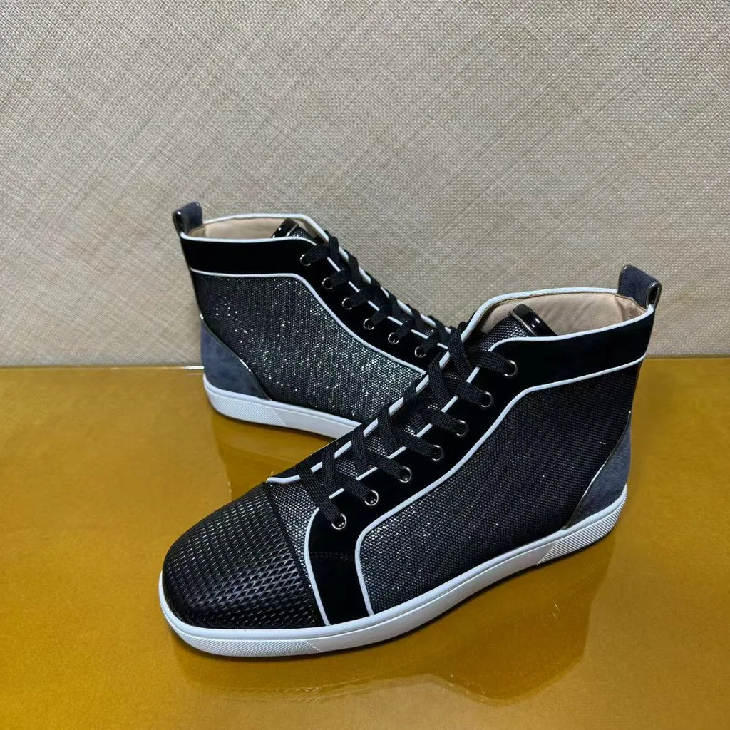 Sneakers Montantes Cuir Véritable Noir Pailleté Semelle Rouge Homme – Tailles 35-48 – CLEVI Paris