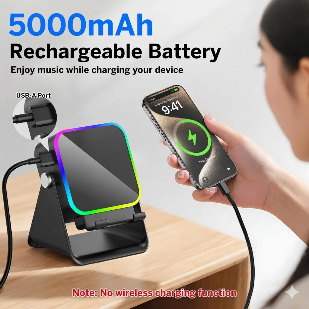 Support Téléphone 5-en-1 – Enceinte Induction HiFi, 8 LED RGB, Power Bank 5000mAh | Newmsnr