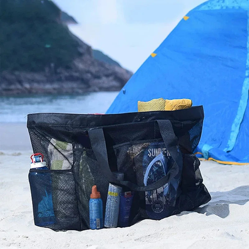 Grand Sac de Plage en Filet Nylon — Multi-Poches, Léger & Pliable, Bleu Noir Jaune | CLEVI Paris