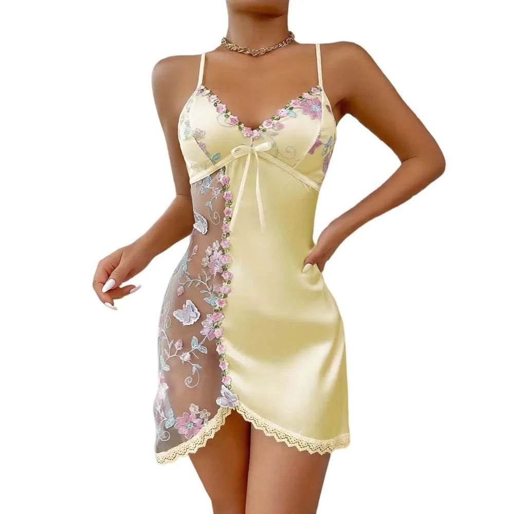 Nuisette Dentelle Nœud Mesh Transparent Soie Glacée Femme Robe de Nuit Brodée Sans Manches S-XL – CLEVI Paris
