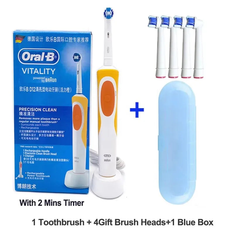 Brosse à Dents Électrique Oral-B D12 – Vibration Rotatoire 2D, IPX7, Minuterie 2 min – 4 Têtes Offertes