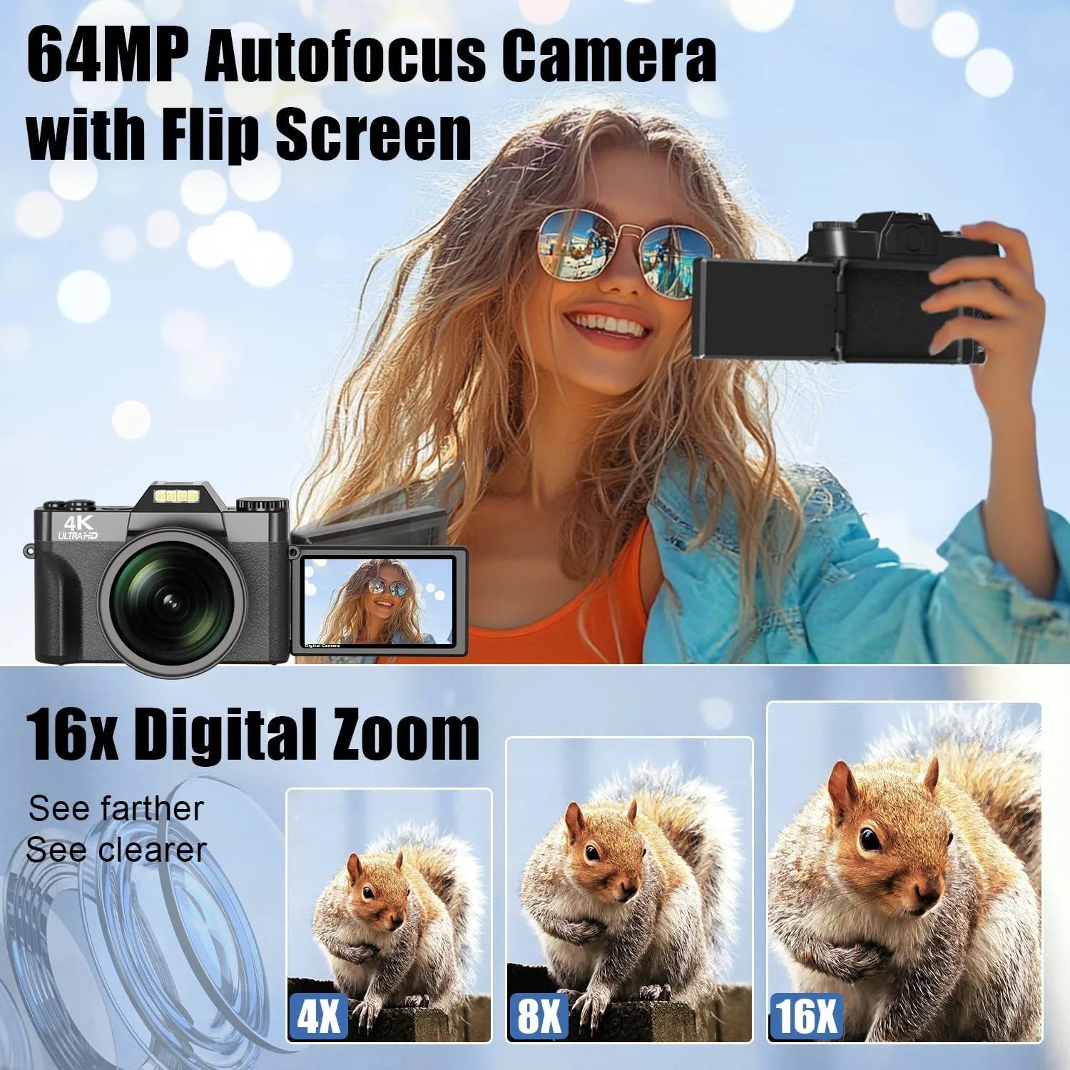 Appareil Photo KOMERY R10 4K 75MP – Autofocus, Double Fill-in LED, Écran 3" 180°, Zoom 16x, WiFi, Webcam, Vlogging – CLEVI Paris