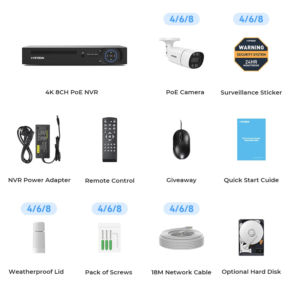 Kit Vidéosurveillance POE H.View 4K – Caméras 5MP/8MP, NVR 8CH H.265, Détection de Personnes, Vision Nocturne Couleur, Audio Bidirectionnel