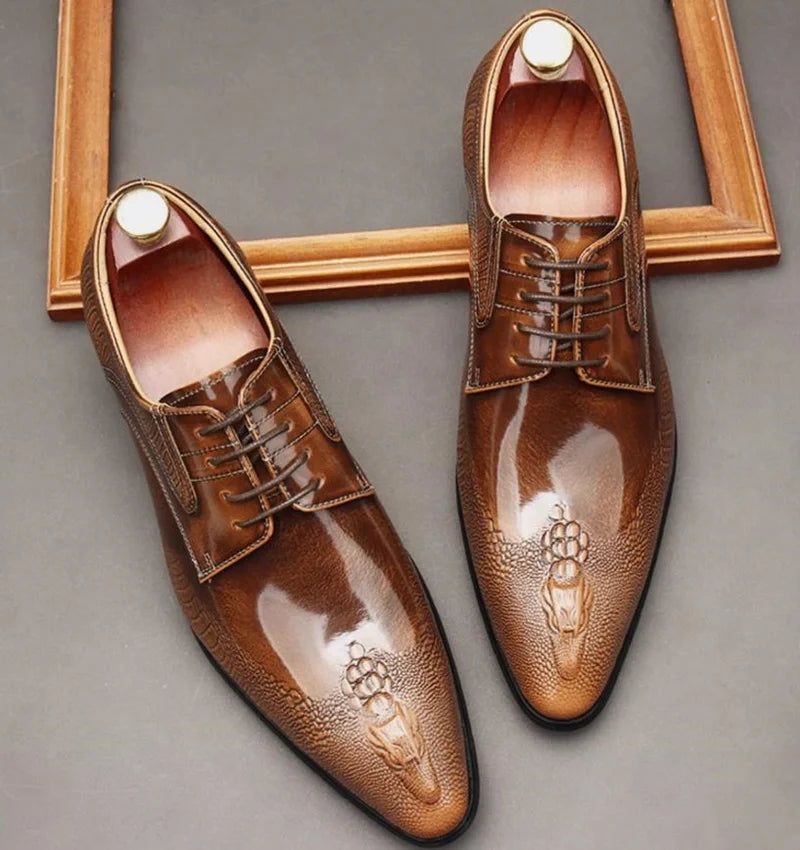 Derby Homme Cuir Verni Motif Crocodile – Bout Pointu, Lacets, Business & Soirée – CLEVI Paris
