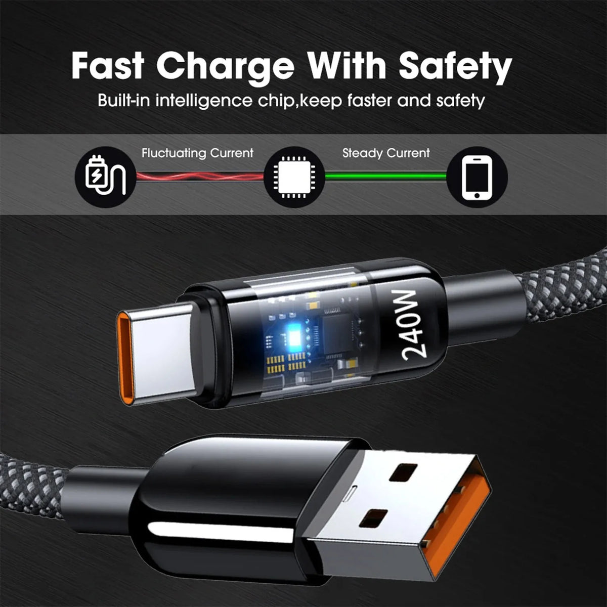 Câble USB-A vers USB-C 240W QC3.0 Nylon Transparent 0,25m-2m – CLEVI Paris