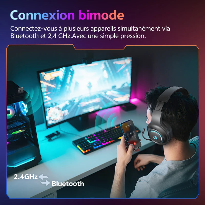 Casque Gaming QCY Heroad V200 7.1 Surround RGB Tri-Mode BT 6.0 240h Micro Détachable – CLEVI Paris