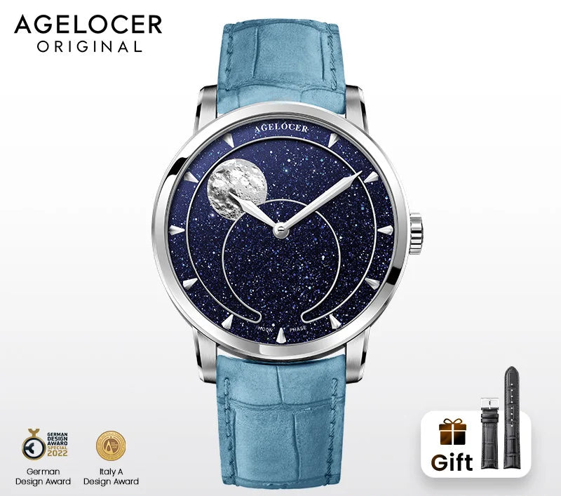 AGELOCER Montre Automatique Homme Phase de Lune Aventurine Saphir Réserve 80h – CLEVI Paris