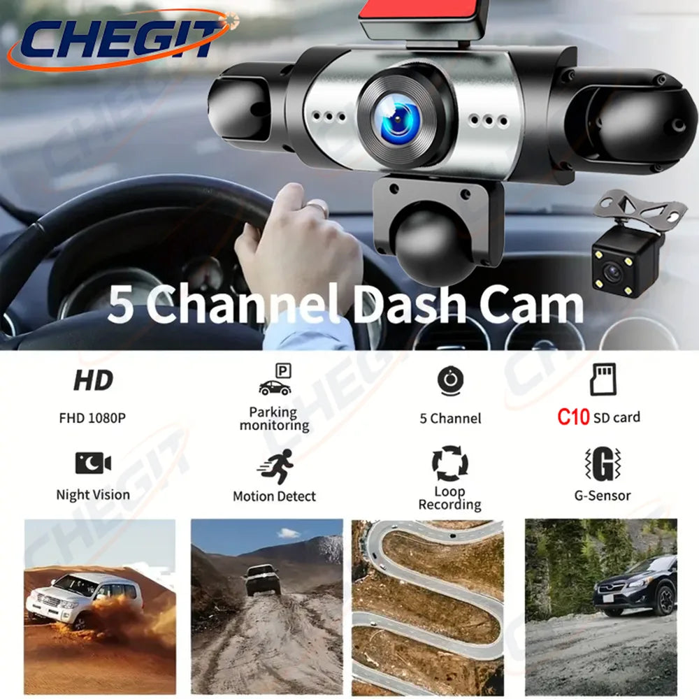 Dashcam 5 Objectifs 360° 1080p – WiFi, Surveillance Parking 24h, Vision Nocturne IR, G-Sensor, App iOS & Android – CLEVI Paris