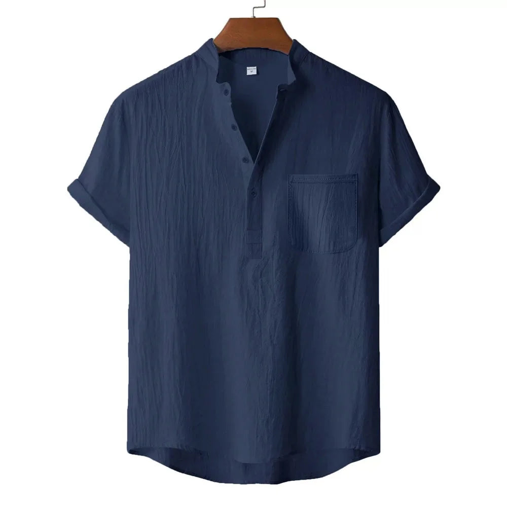 T-Shirt Homme Coton & Lin – Col Henley, Manches Courtes, Style Plage & Vacances