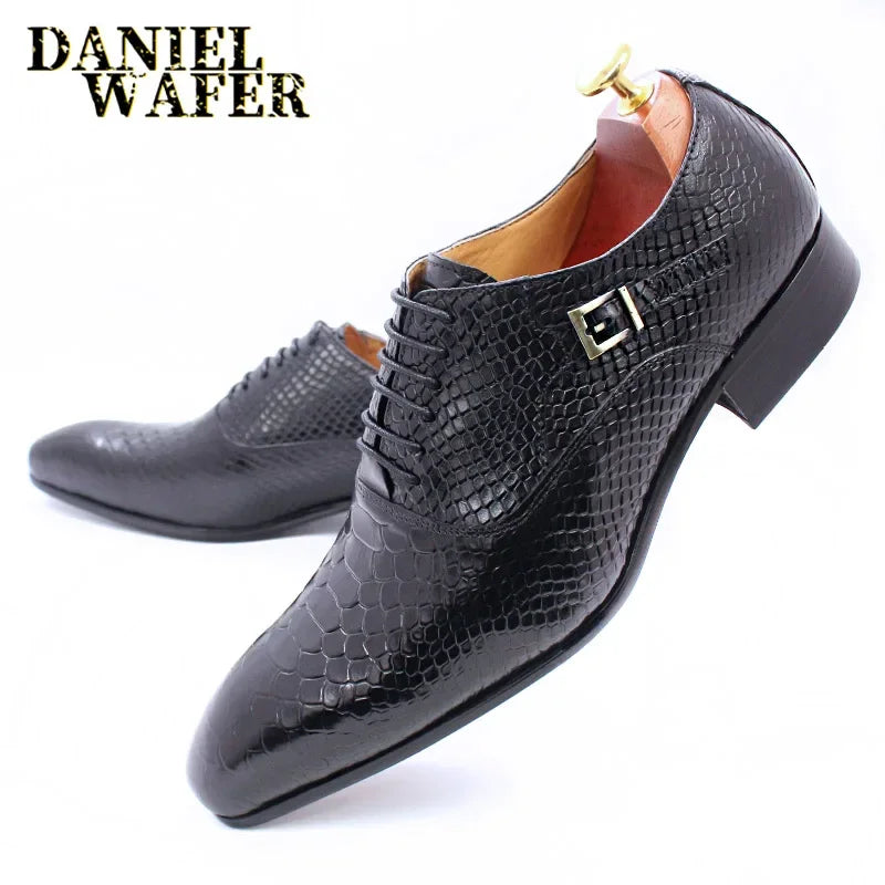 Oxford Homme Cuir Imprimé Serpent Bout Pointu Lacets Business Mariage 4 Coloris – CLEVI Paris