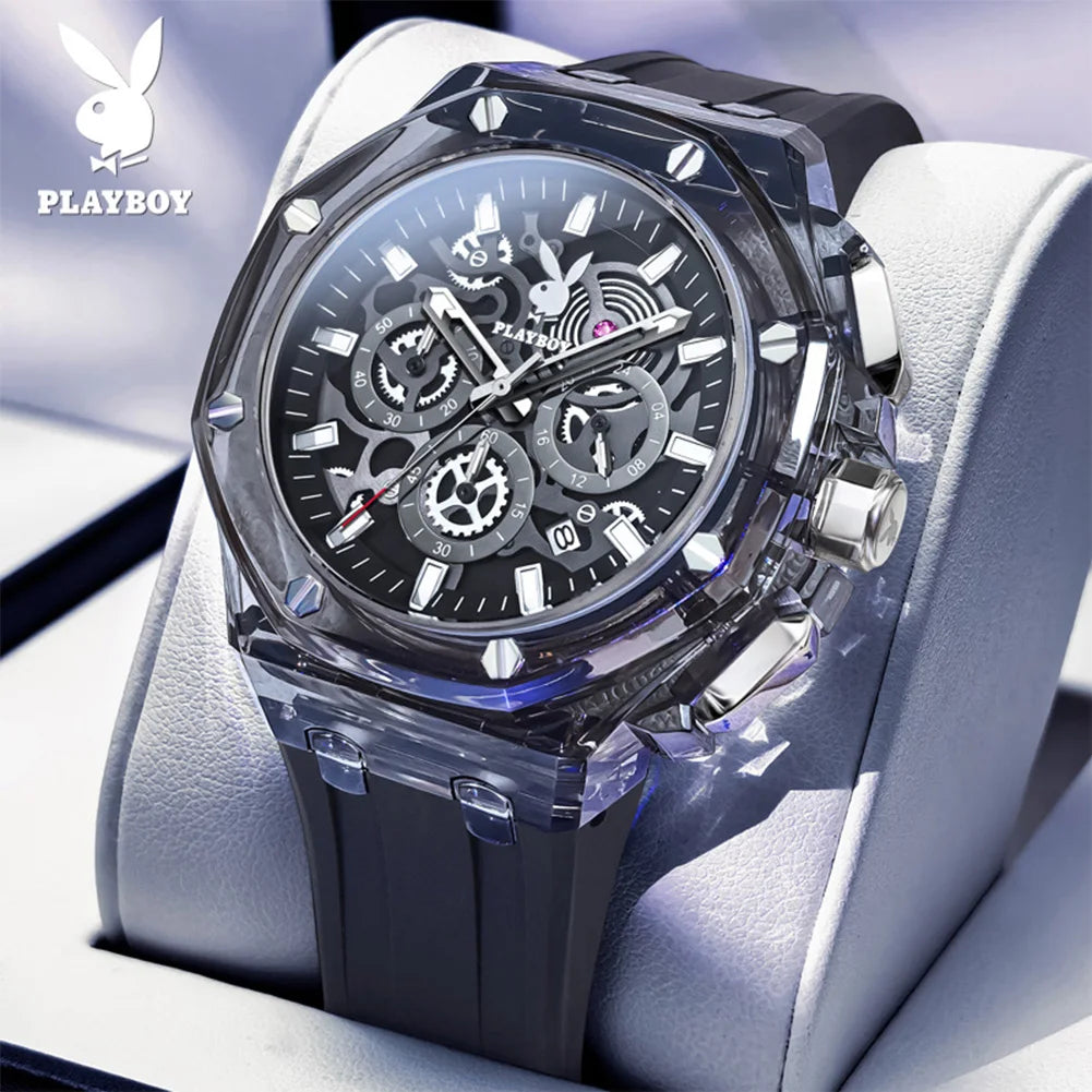 Montre Homme PLAYBOY 3082 – Squelette Quartz, Chronographe, Bracelet Silicone, Étanche 3 ATM – CLEVI Paris