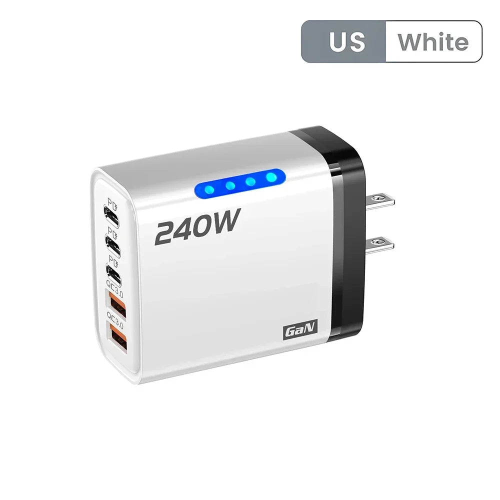 Chargeur GaN 5-en-1 240W 3PD 2USB EU/US + Câble – CLEVI Paris