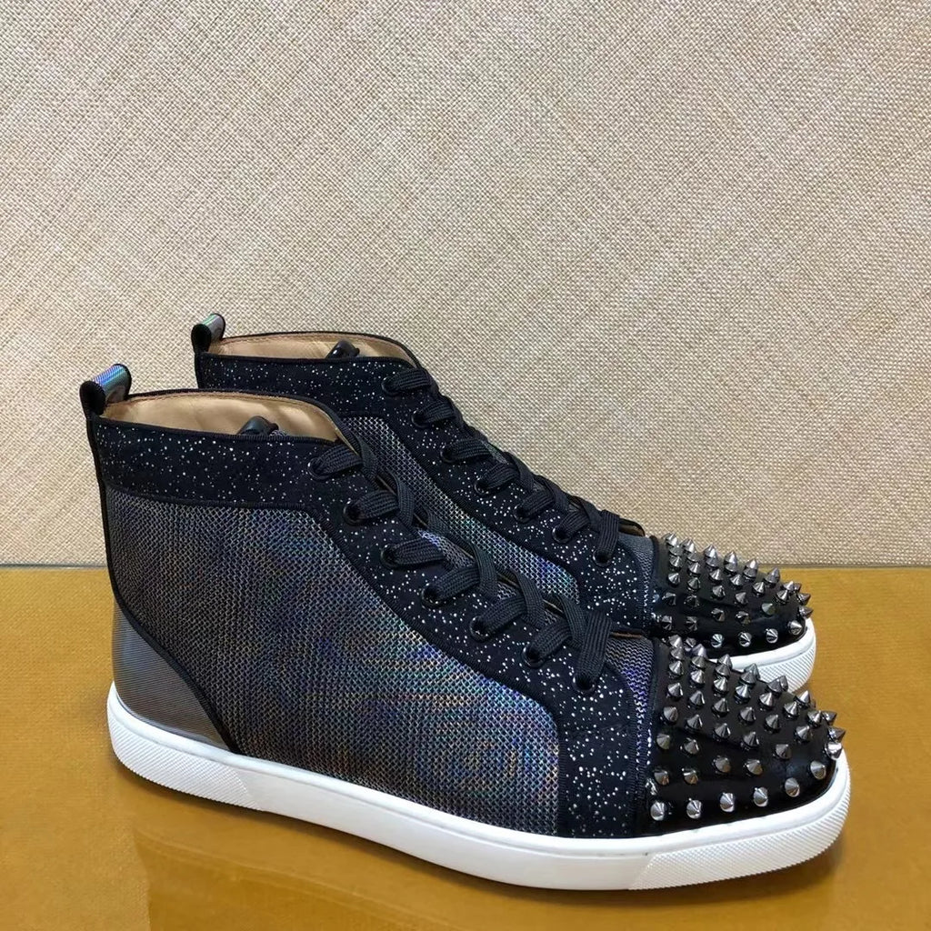 Sneakers Montantes Cuir Véritable Noir & Bleu Rivets Argentés Homme – Semelle Rouge, Tailles 35-48 – CLEVI Paris