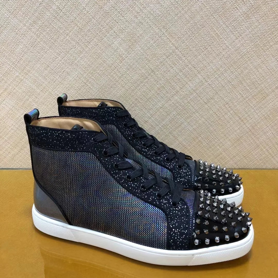 Sneakers Montantes Cuir Véritable Noir & Bleu Rivets Argentés Homme – Semelle Rouge, Tailles 35-48 – CLEVI Paris