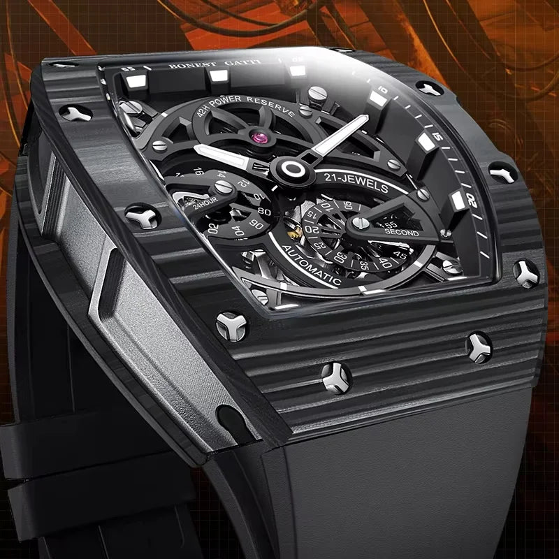 Montre BONEST GATTI BG-9004 – Tourbillon Automatique, Lunette Fibre de Carbone, Tonneau 46 mm, Squelette, Bracelet Fluoroélastomère, Étanche 5 ATM – CLEVI Paris