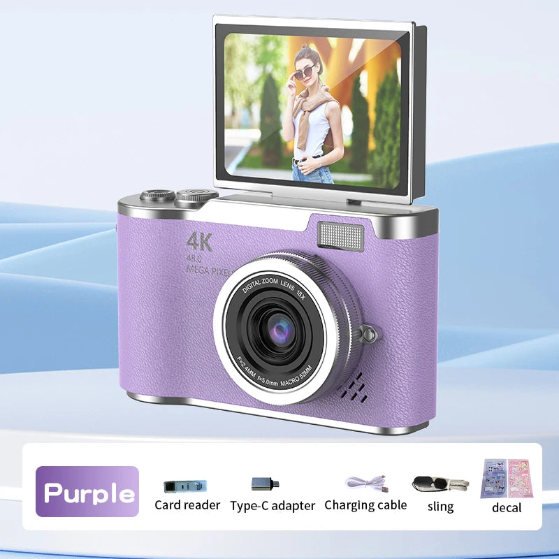 Appareil Photo Numérique Compact 1080P – Zoom 8x, Écran Rabattable 180°, Selfie, Cadeau