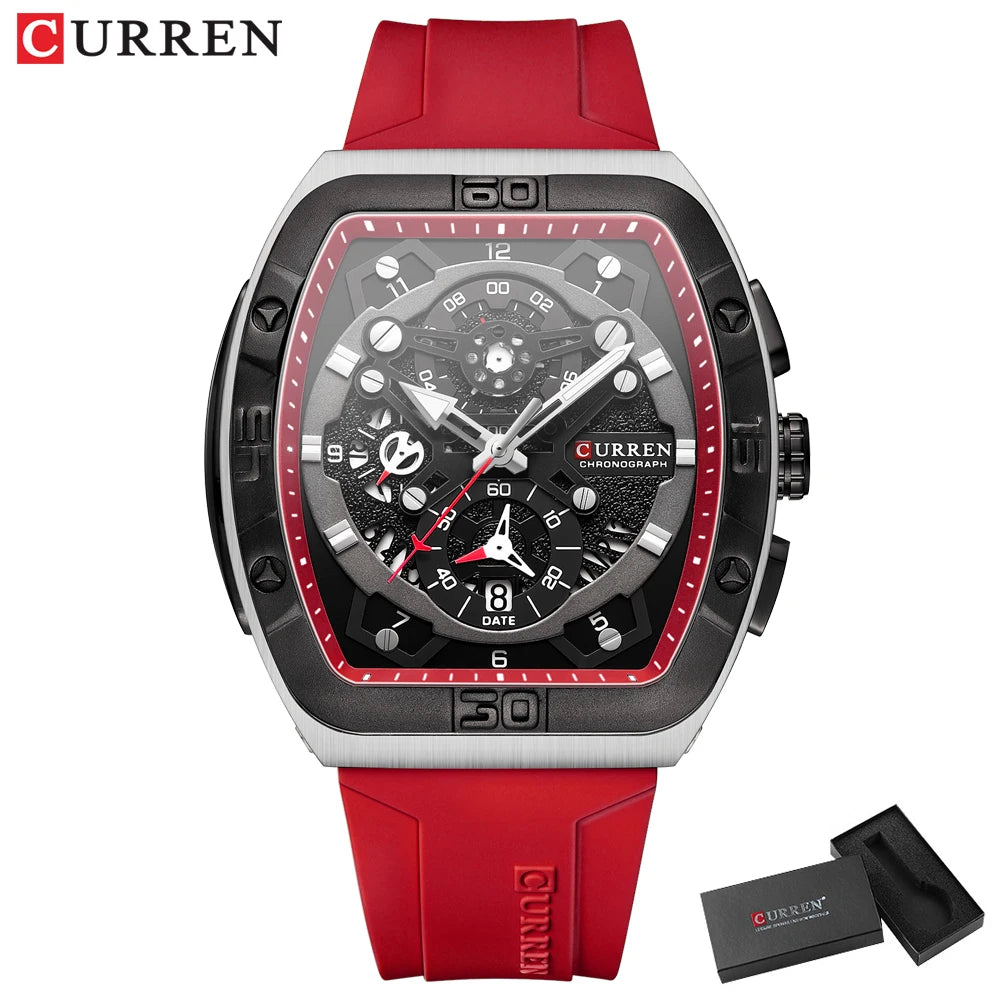 Montre Chronographe Homme CURREN – Boîtier Tonneau, Bracelet Silicone Sport