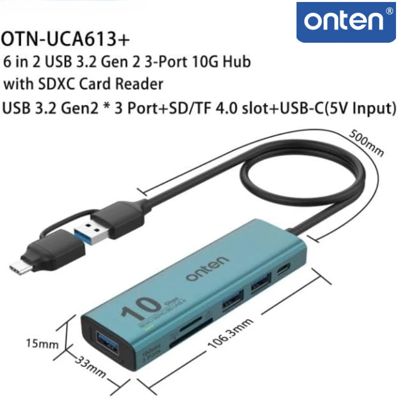 Hub USB-C A 6-en-1 ONTEN 10Gbps Lecteur SD TF UHS-II MacBook Laptop – CLEVI Paris