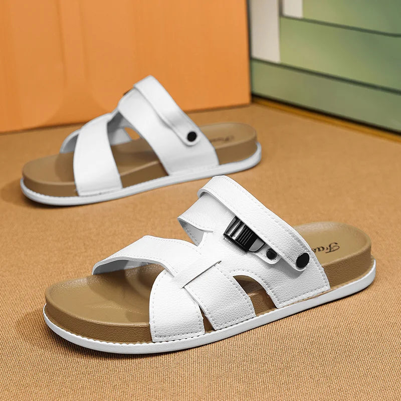 Sandales Homme Été – Cuir Synthétique, Boucle, Antidérapantes, Style Classique | Marron, Noir ou Blanc