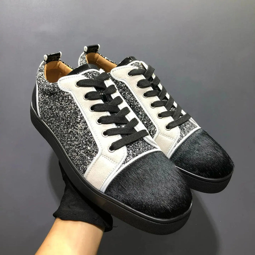 Sneakers Basses Cuir Véritable Noir Brillant Rivets Semelle Rouge Homme – Tailles 35-48 – CLEVI Paris
