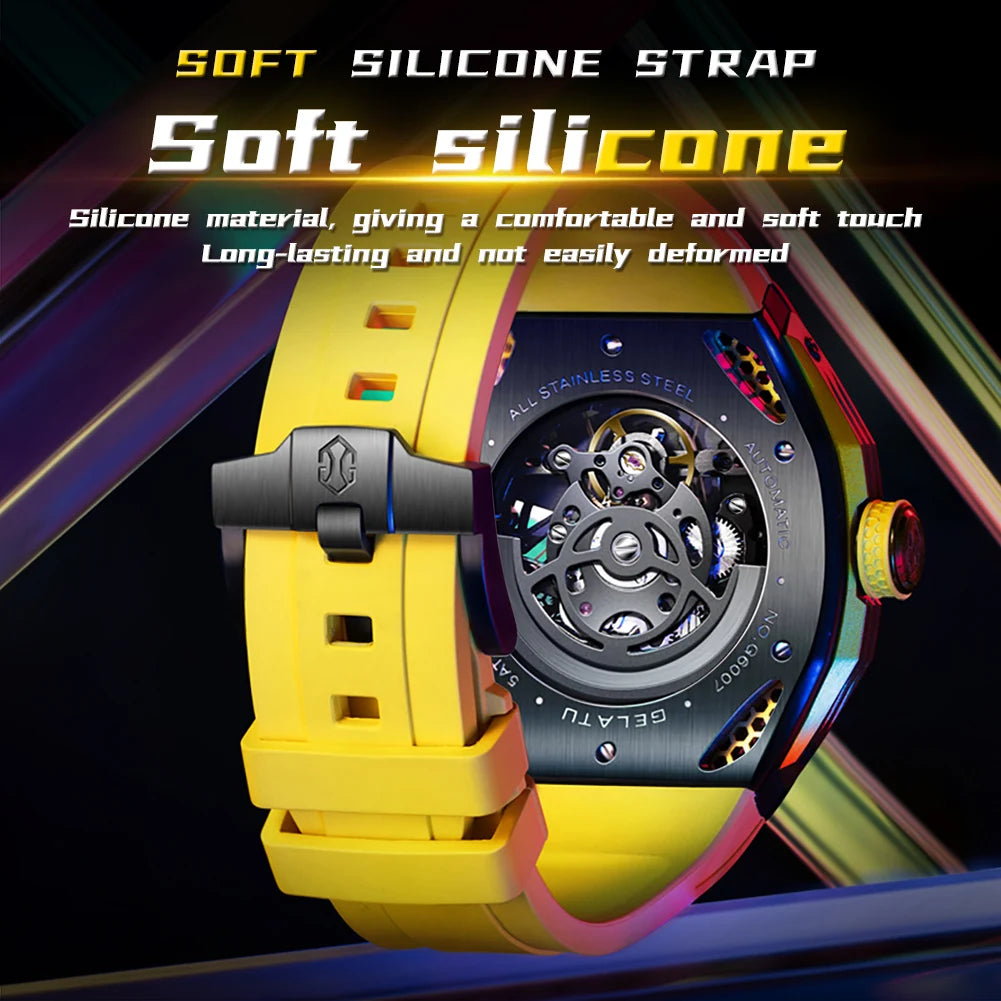 Montre Mécanique Homme GELATU 6007 – Squelette Automatique, Saphir & Bracelet Silicone Sport