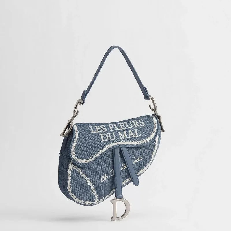 Sac de Selle Femme Coton Broderie Bleu & Blanc Motif Livre Bandoulière – CLEVI Paris