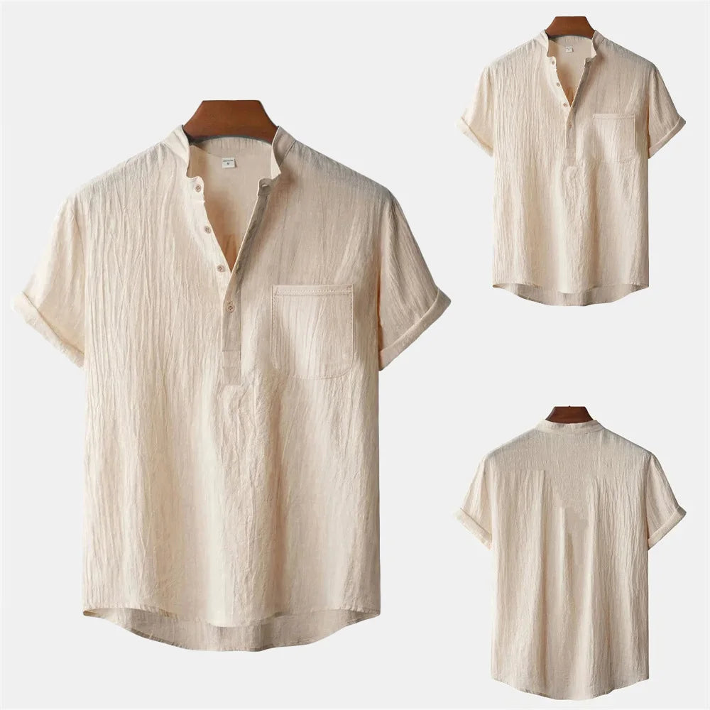 T-Shirt Homme Coton & Lin – Col Henley, Manches Courtes, Style Plage & Vacances