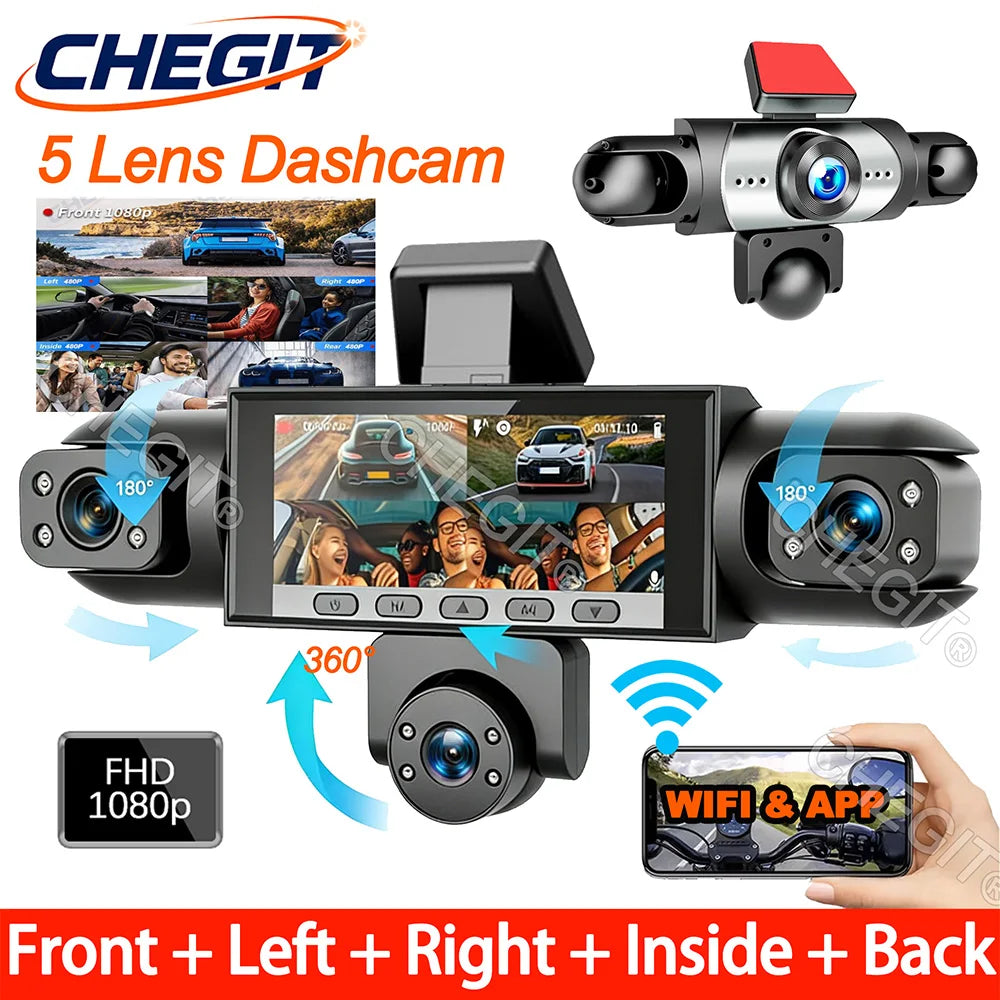Dashcam 5 Objectifs 360° 1080p – WiFi, Surveillance Parking 24h, Vision Nocturne IR, G-Sensor, App iOS & Android – CLEVI Paris
