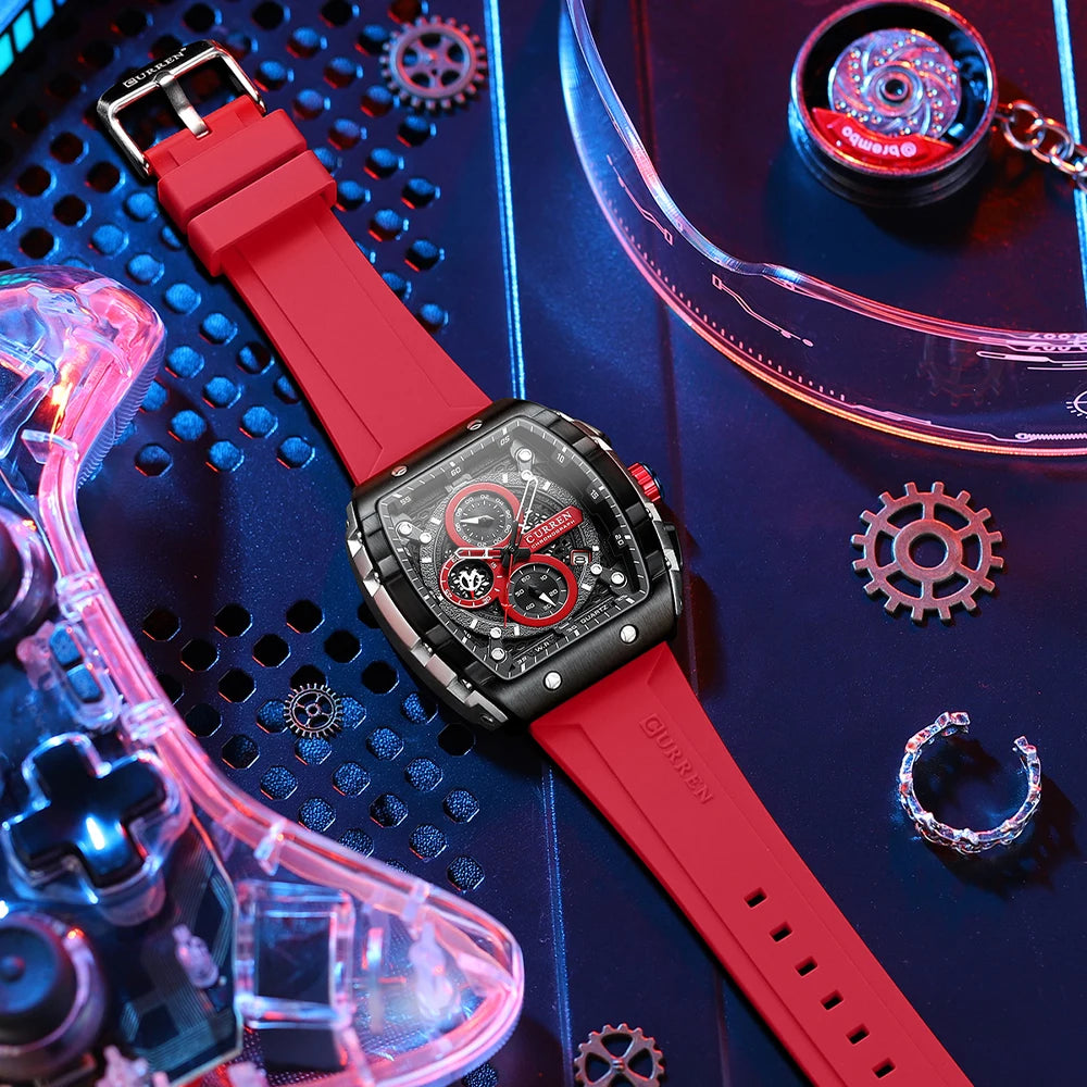 CURREN Montre Quartz Homme Rectangulaire Chronographe Silicone Lumineux 47mm Mouvement Japonais – CLEVI Paris