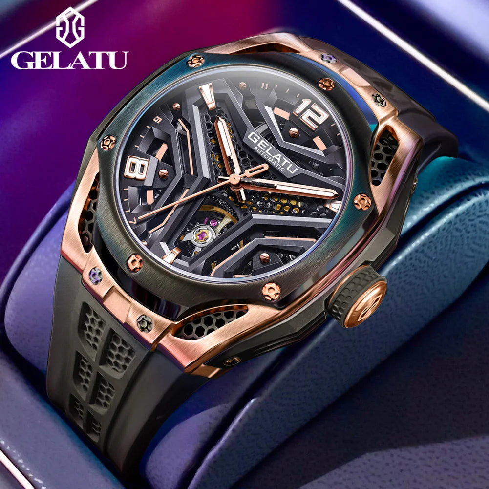 Montre Mécanique Homme GELATU 6007 – Squelette Automatique, Saphir & Bracelet Silicone Sport