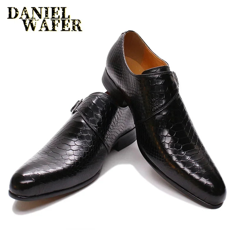 Mocassins Monk Strap Homme Cuir Vache Imprimé Serpent Respirant Talon 2,8cm Bureau Mariage – CLEVI Paris