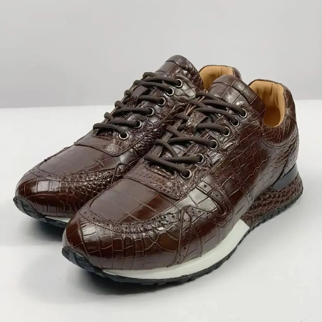 Sneakers Cuir Véritable Effet Croco Marron Homme – Bout Rond, Tailles 38-44 – CLEVI Paris
