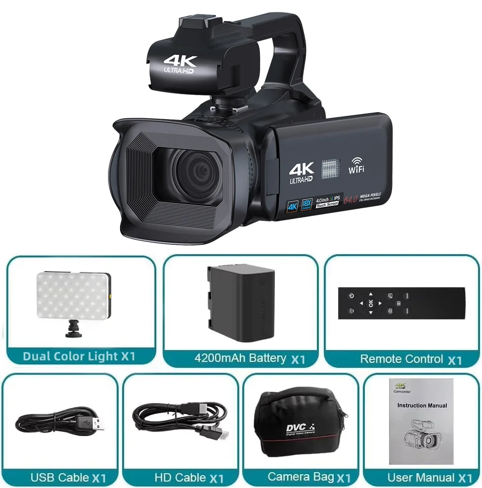Caméscope Professionnel 4K 64MP KOMERY RX200 – Écran Tactile 4", WiFi, Zoom 18x, Live Streaming