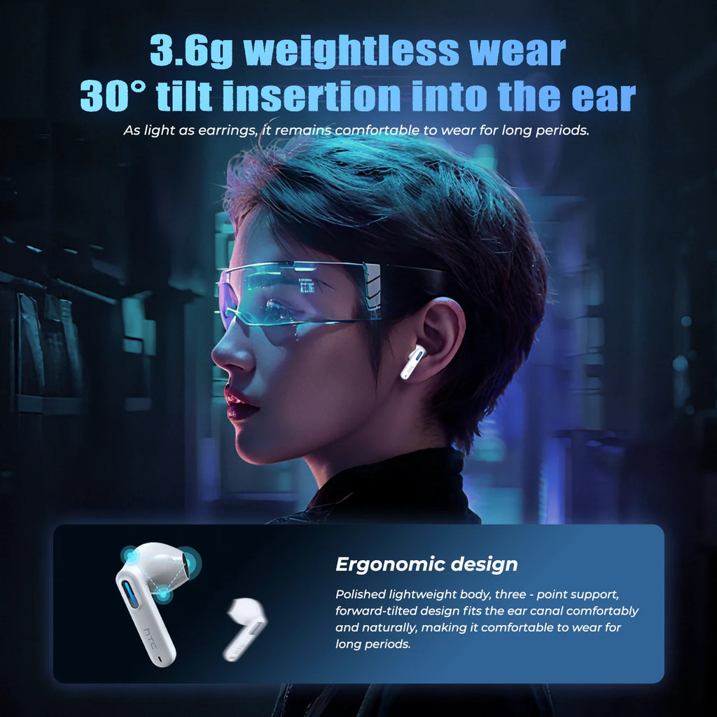 Écouteurs Bluetooth HTC NE49 – Traducteur IA 134 Langues, RGB, ENC, Gaming