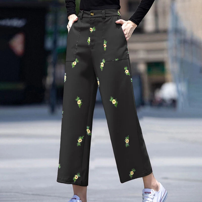 Pantalon Femme Taille Haute Jambe Large Uni Poches Style Casual Toutes Saisons – CLEVI Paris