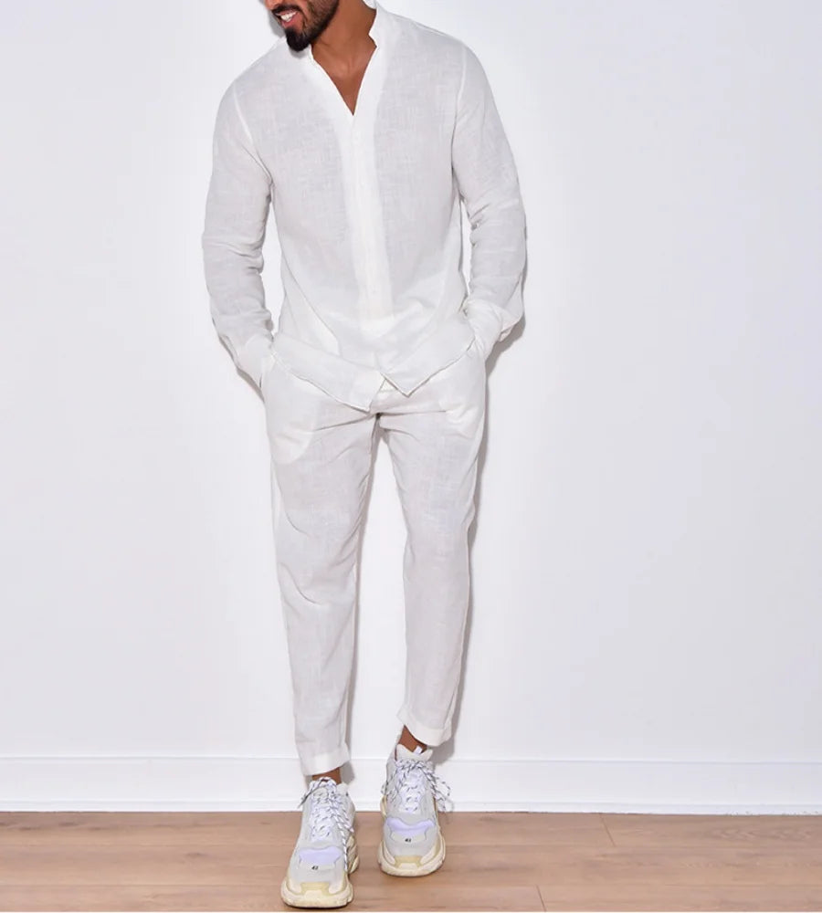 Ensemble 2 Pièces Homme Coton Lin Col Mao Chemise + Pantalon Ample Style Casual – CLEVI Paris