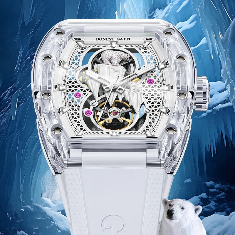 BONEST GATTI Montre Automatique Homme Squelette Ours Polaire Cristal 360° Saphir – CLEVI Paris