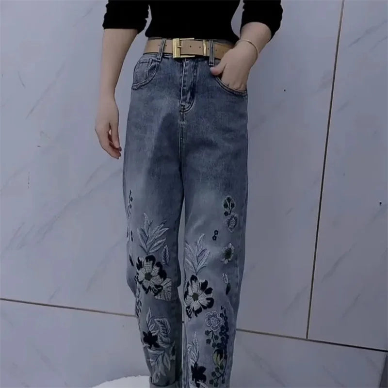 Jean Harem Femme Brodé Loose Denim Casual All-Match Automne Hiver – CLEVI Paris