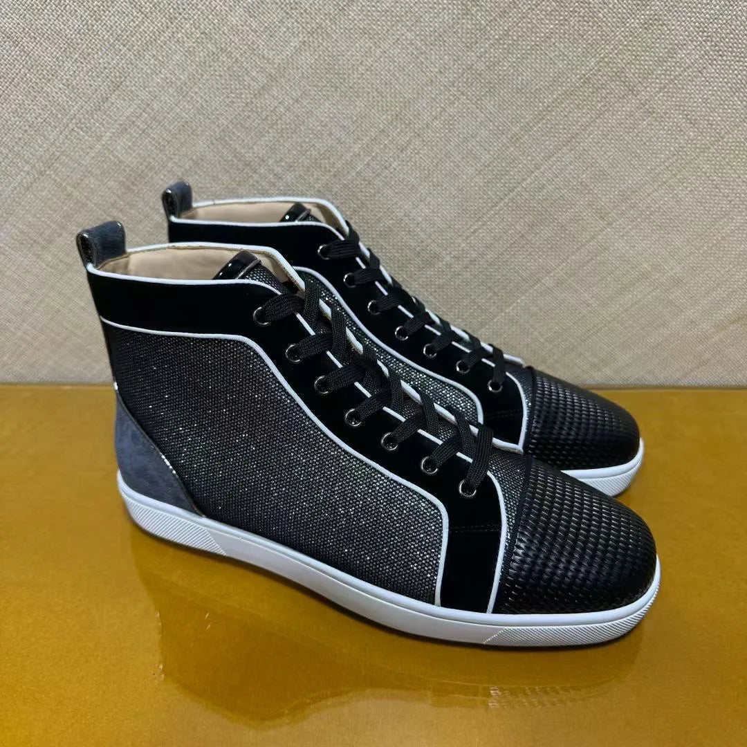 Sneakers Montantes Cuir Véritable Noir Pailleté Semelle Rouge Homme – Tailles 35-48 – CLEVI Paris