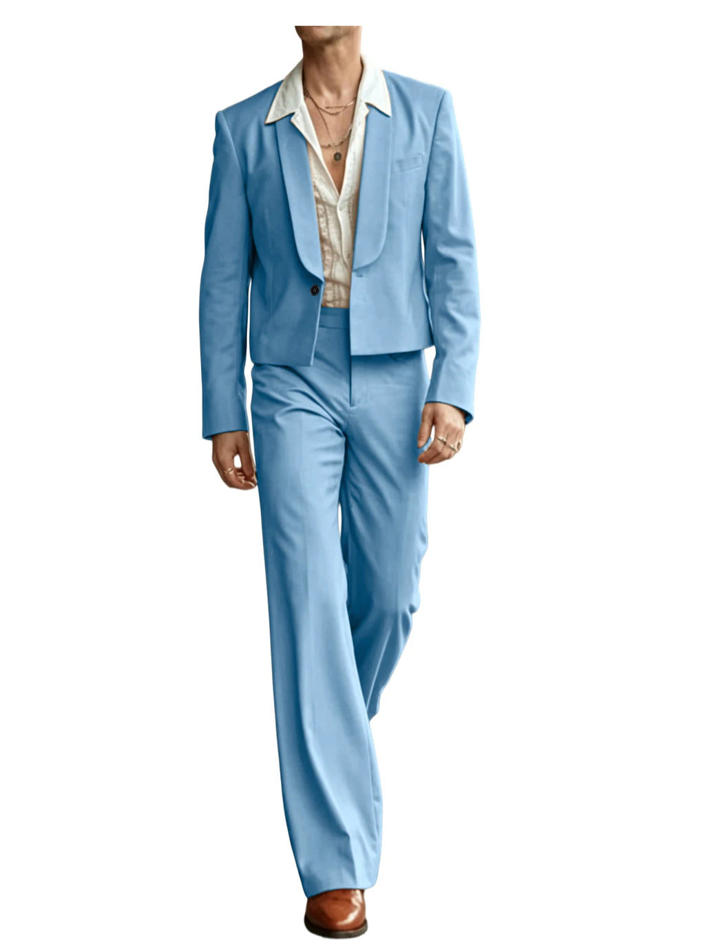 Costume 2 Pièces Homme Blazer Court Col Châle + Pantalon Évasé Taille Haute Style Vintage Slim Fit – CLEVI Paris
