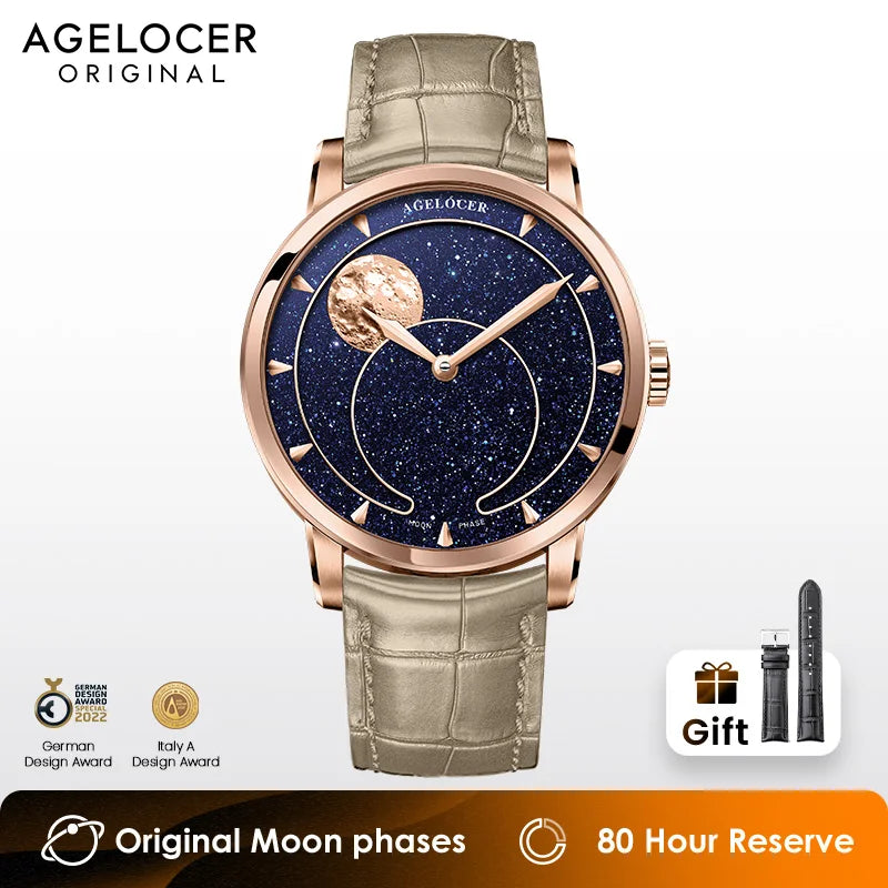AGELOCER Montre Automatique Homme Phase de Lune Aventurine Saphir Réserve 80h – CLEVI Paris