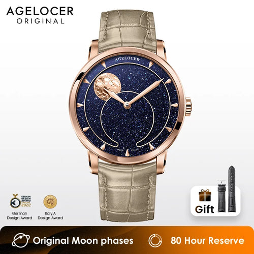 AGELOCER Montre Automatique Homme Phase de Lune Aventurine Saphir Réserve 80h – CLEVI Paris