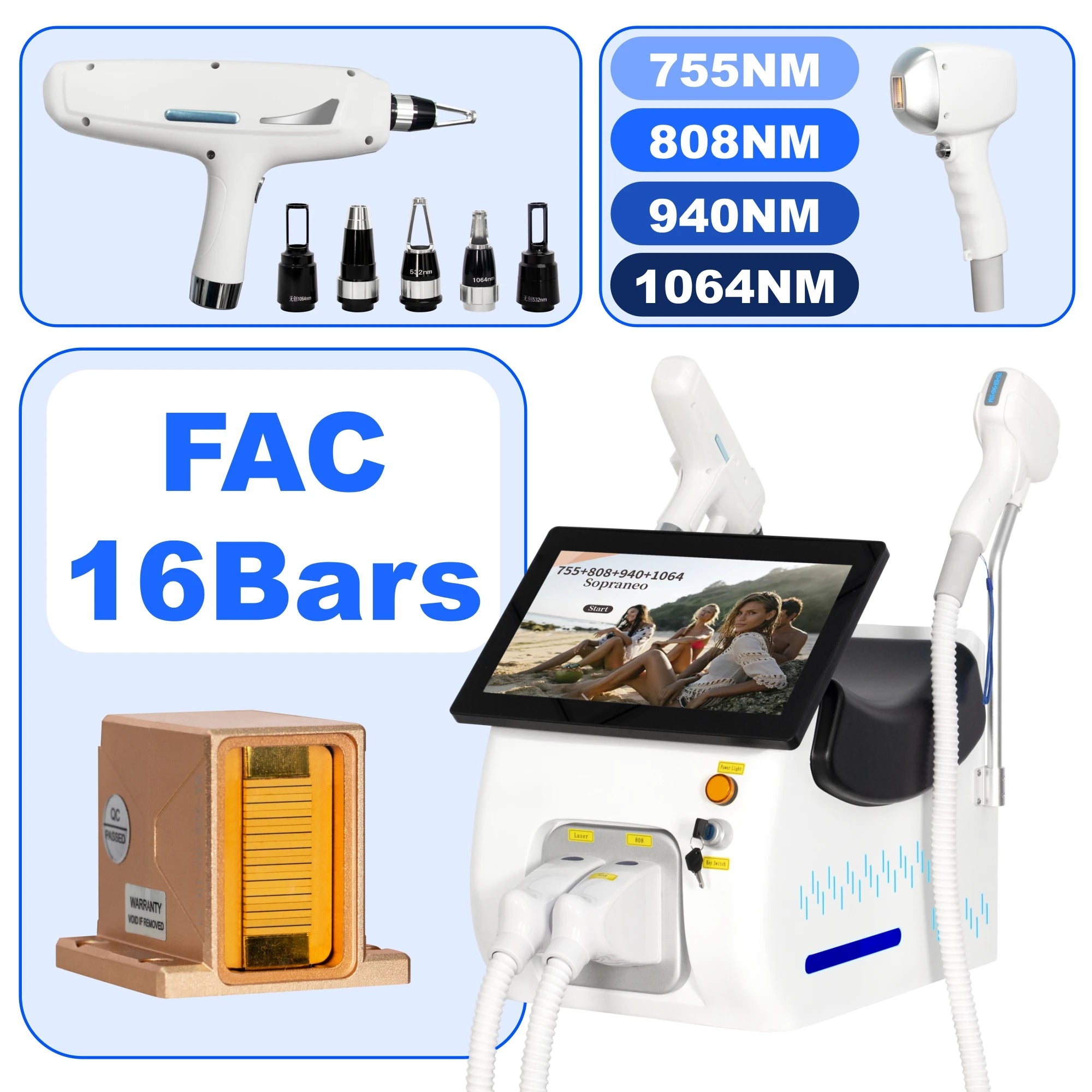 Machine Portable 2-en-1 Laser Diode FAC Picoseconde 5000W 4 Longueurs d’Onde 755/808/940/1064nm Épilation & Détatouage – CLEVI Paris